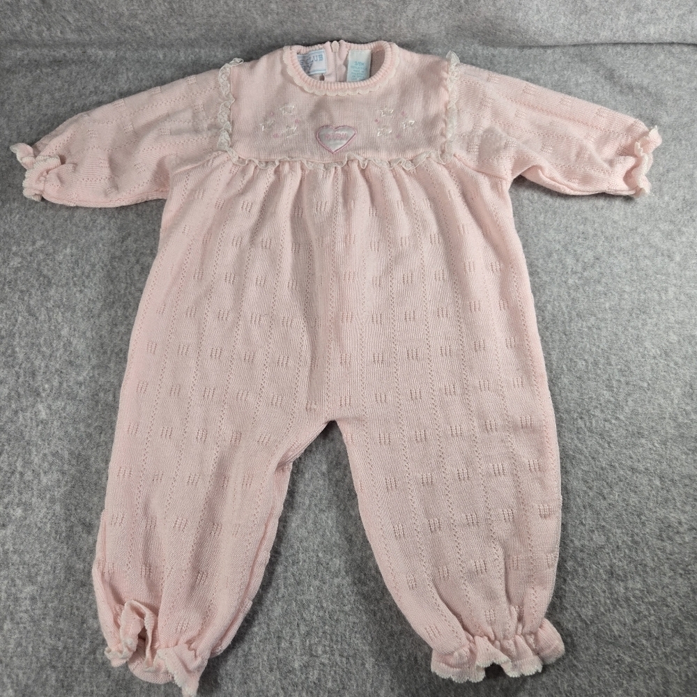 Class Club Baby Vtg 3-6 Month Knit Pink Coveralls Romper Sleeper Girly Cute EUC